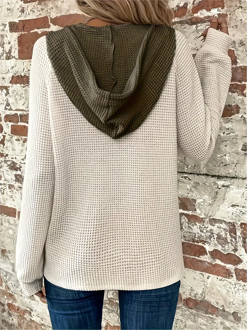 Blok Düğmeli Önü İpli Kapşonlu Günlük Kullanım İçin Uzun Kollu Kadın Sweatshirt