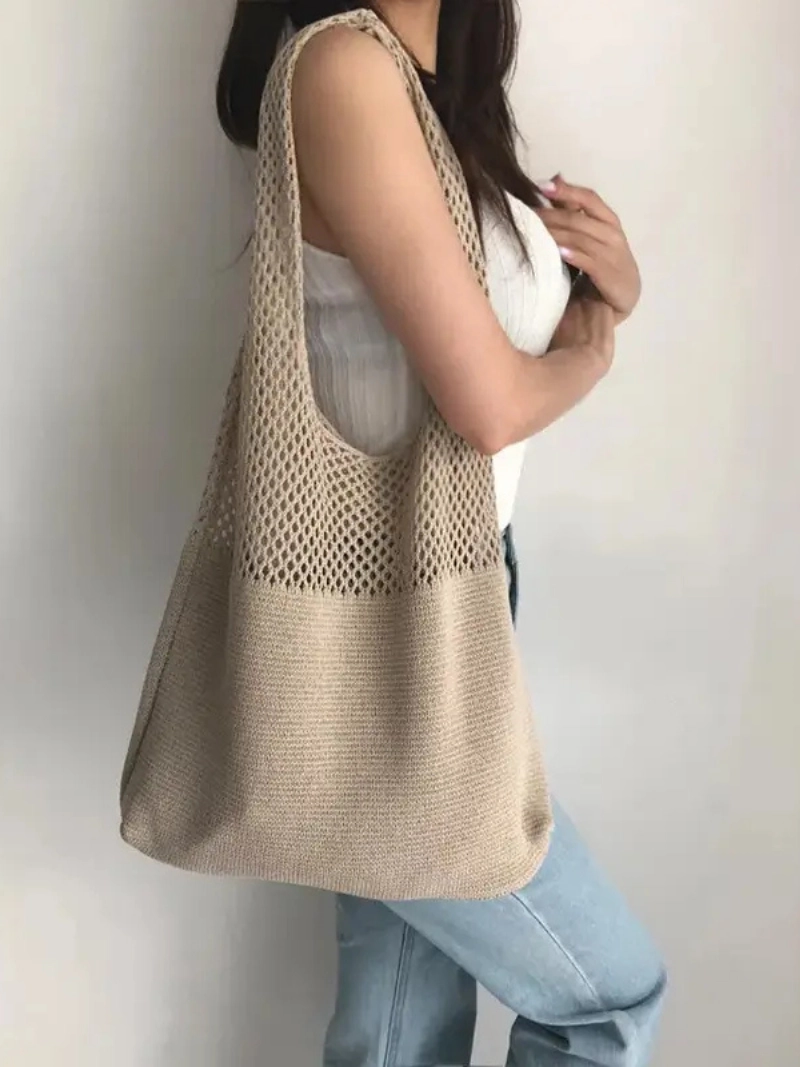 Basit Retro Hollow Örgü Çanta, Geniş Kapasiteli Kadınlar İçin Dokuma Omuz Çantası
