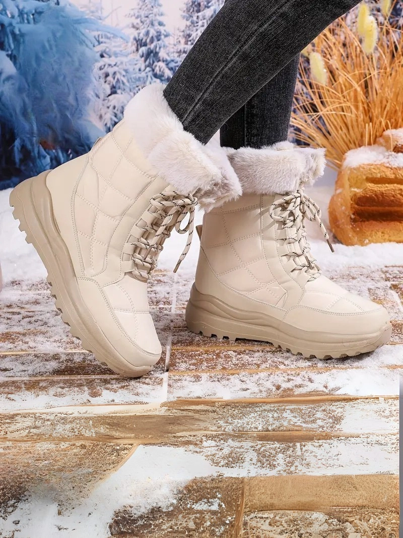 Peluş Polar Astar Yüksek Taban Soğuk Havada Etkili Bej Kadın Kar Botu