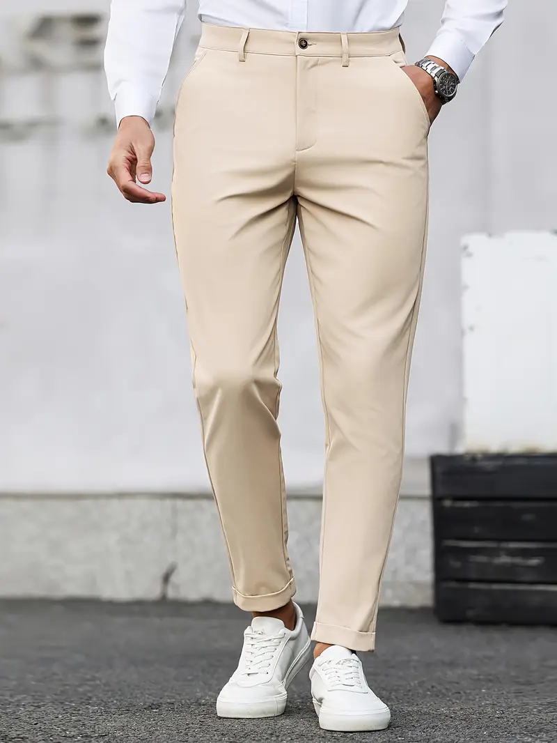 Dar Kesim Günlük Pantolon, Eğik Cepli, Kırışmaz Kumaş Düz Renk Her Mevsime Uygun, Minimalist Erkek Pantolon