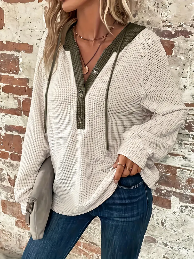 Blok Düğmeli Önü İpli Kapşonlu Günlük Kullanım İçin Uzun Kollu Kadın Sweatshirt