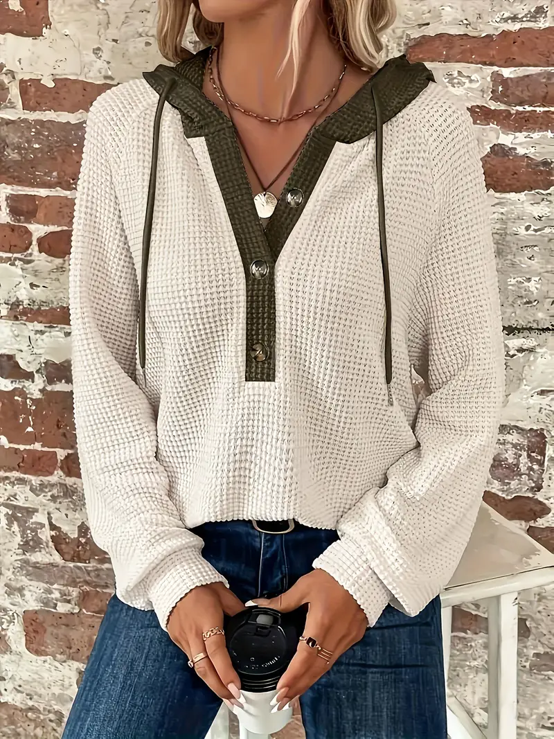 Blok Düğmeli Önü İpli Kapşonlu Günlük Kullanım İçin Uzun Kollu Kadın Sweatshirt