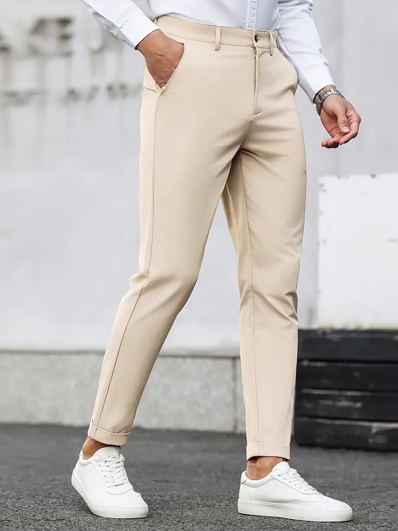 Dar Kesim Günlük Pantolon, Eğik Cepli, Kırışmaz Kumaş Düz Renk Her Mevsime Uygun, Minimalist Erkek Pantolon