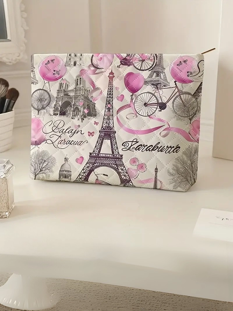 Paris Kulesi Desenli Izgara Fermuarlı Hafif Astarlı Çok Fonksiyonlu Makyaj Çantası