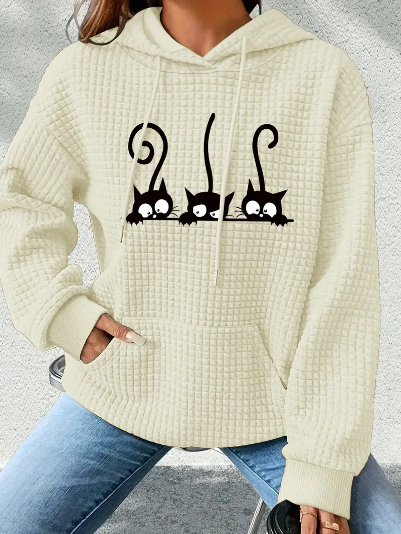 Karikatür Kedi Baskılı Kapşonlu Geniş Kesim Rahat Sonbahar ve İlkbahar İçin Uzun Kollu Üst Kadın Sweatshirt