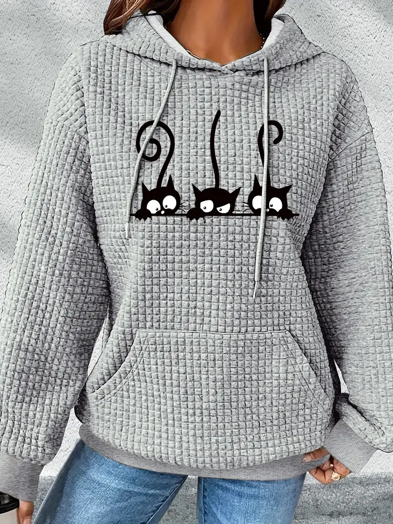 Karikatür Kedi Baskılı Kapşonlu Geniş Kesim Rahat Sonbahar ve İlkbahar İçin Uzun Kollu Üst Kadın Sweatshirt