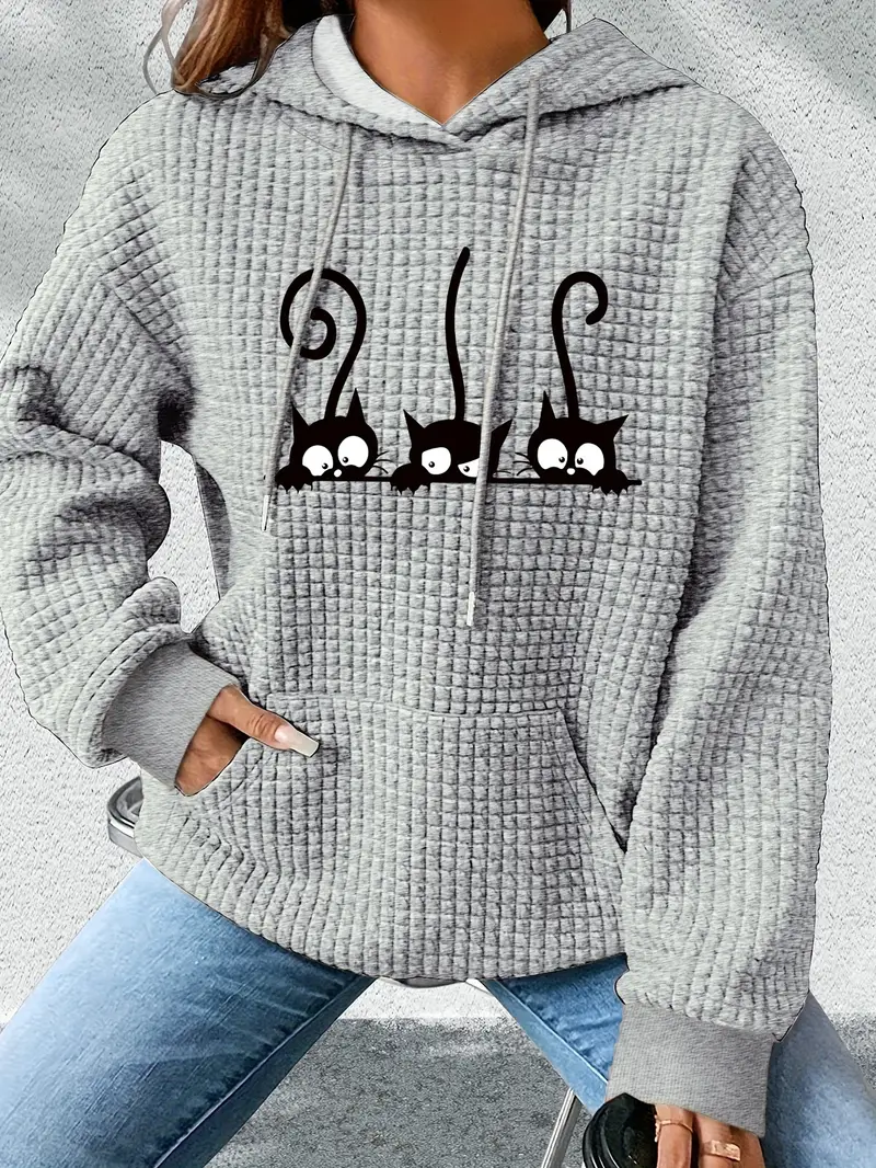 Karikatür Kedi Baskılı Kapşonlu Geniş Kesim Rahat Sonbahar ve İlkbahar İçin Uzun Kollu Üst Kadın Sweatshirt