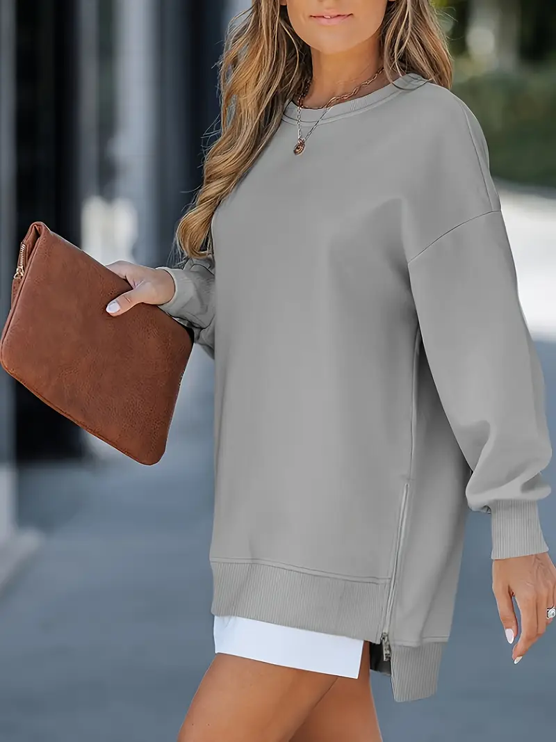 Rahat Yuvarlak Yaka Yarım Etek Elastanlı Polyester Örgü Kumaş Düz Renk, Uzun Kollu Kadın Sweatshirt