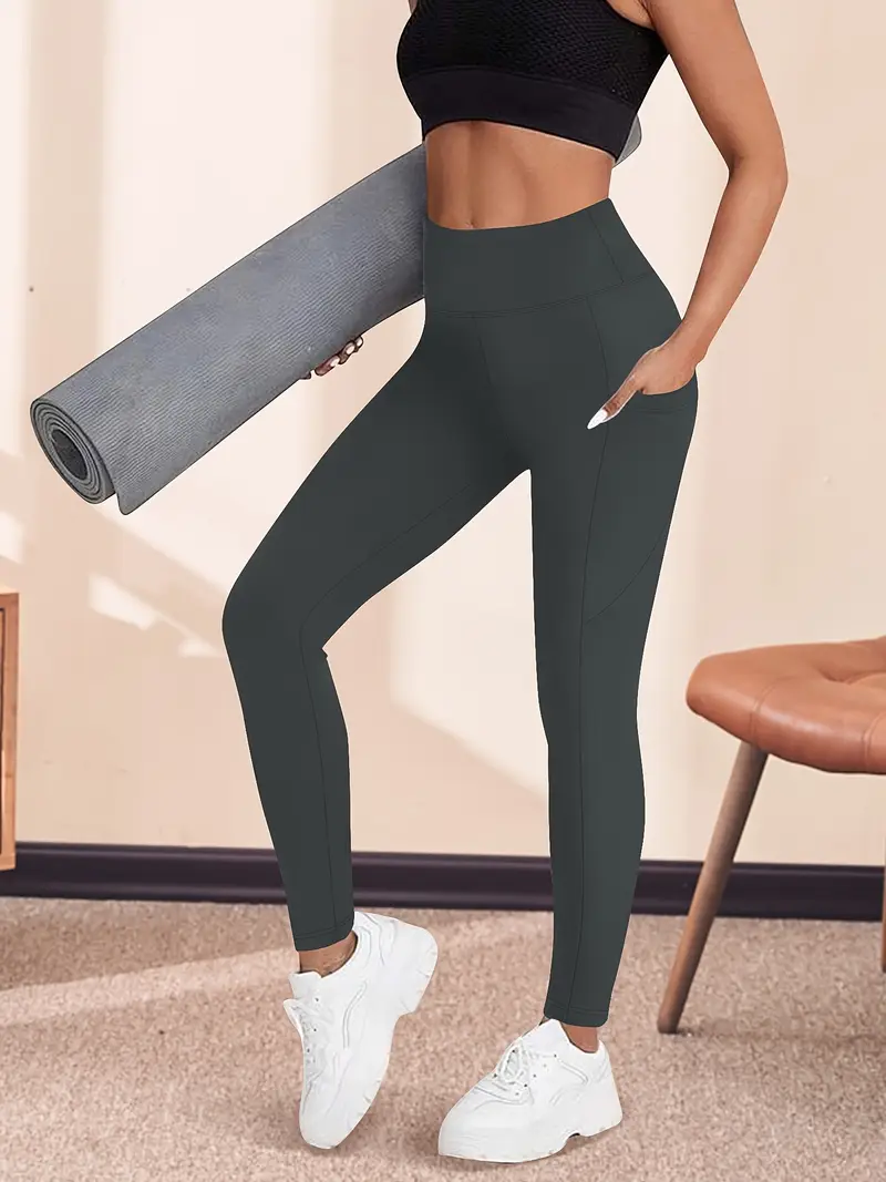 Yüksek Bel Yoga Taytı Cepli Rahat, Esnek Polyester-Elastan Karışımı Fitness, Koşu & Günlük Kullanım için Mükemmel, Makinede Yıkanabilir