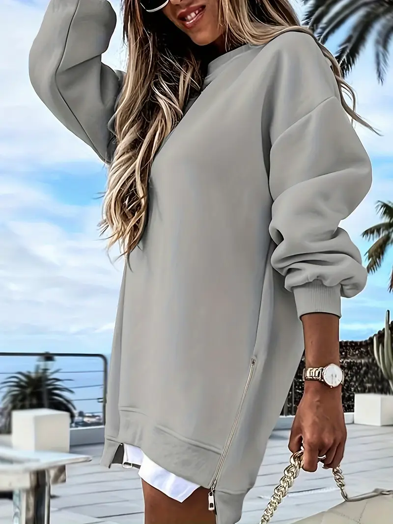 Rahat Yuvarlak Yaka Yarım Etek Elastanlı Polyester Örgü Kumaş Düz Renk, Uzun Kollu Kadın Sweatshirt