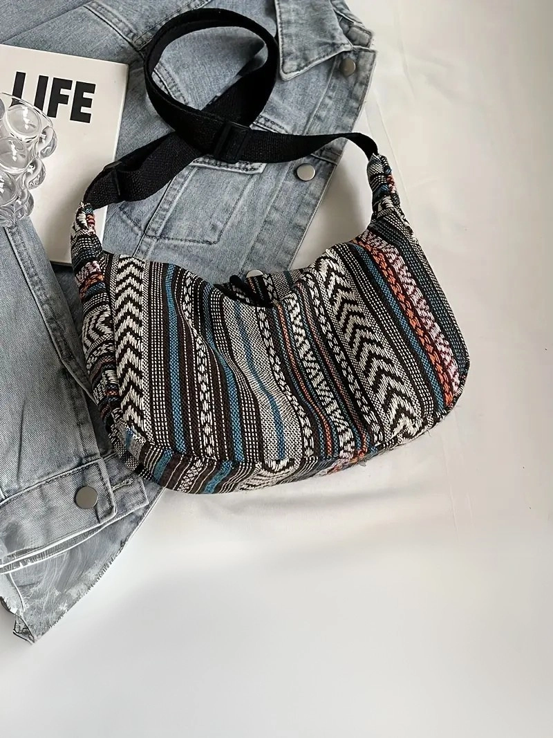 Tribal Stil Fermuarlı Kapatma İle Katlanabilir Çapraz Model Çizgili Desen Bayrak Temalı Kadın Kanvas Çanta