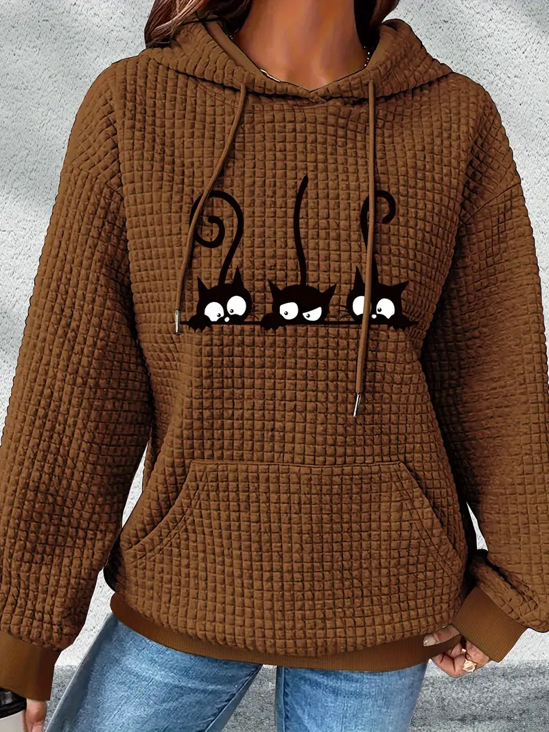 Karikatür Kedi Baskılı Kapşonlu Geniş Kesim Rahat Sonbahar ve İlkbahar İçin Uzun Kollu Üst Kadın Sweatshirt