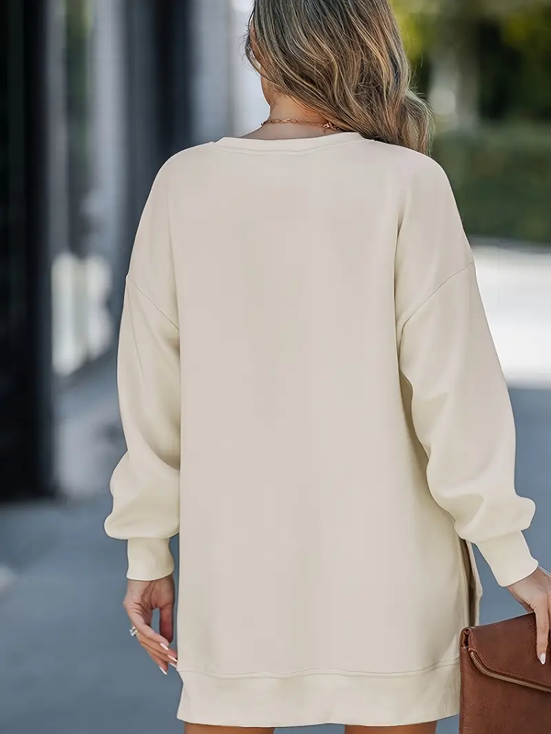 Rahat Yuvarlak Yaka Yarım Etek Elastanlı Polyester Örgü Kumaş Düz Renk, Uzun Kollu Kadın Sweatshirt