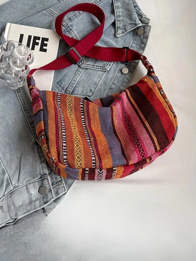 Tribal Stil Fermuarlı Kapatma İle Katlanabilir Çapraz Model Çizgili Desen Bayrak Temalı Kadın Kanvas Çanta