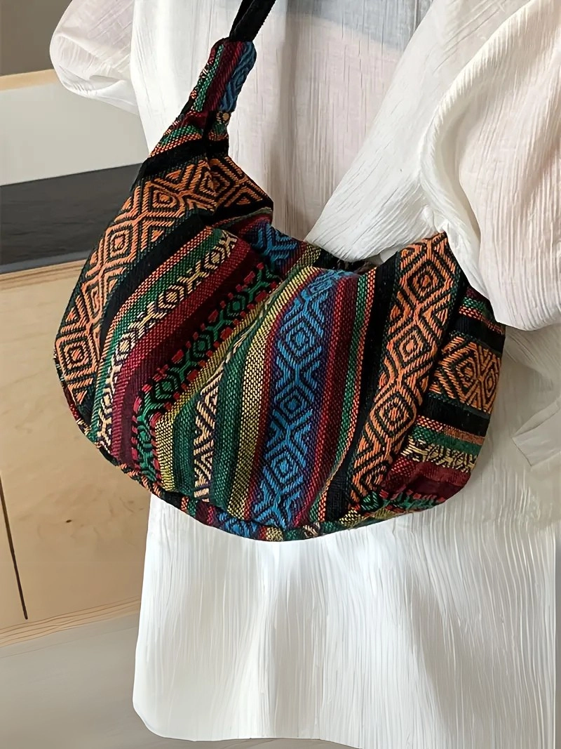 Tribal Stil Fermuarlı Kapatma İle Katlanabilir Çapraz Model Çizgili Desen Bayrak Temalı Kadın Kanvas Çanta
