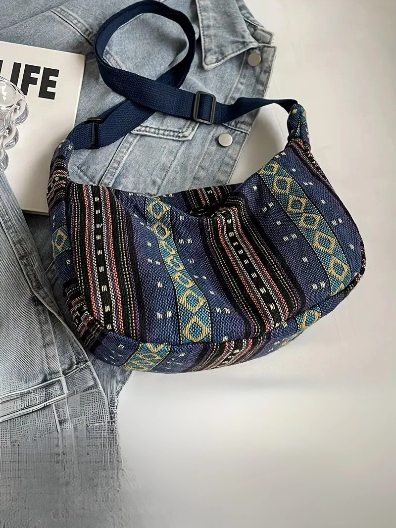 Tribal Stil Fermuarlı Kapatma İle Katlanabilir Çapraz Model Çizgili Desen Bayrak Temalı Kadın Kanvas Çanta