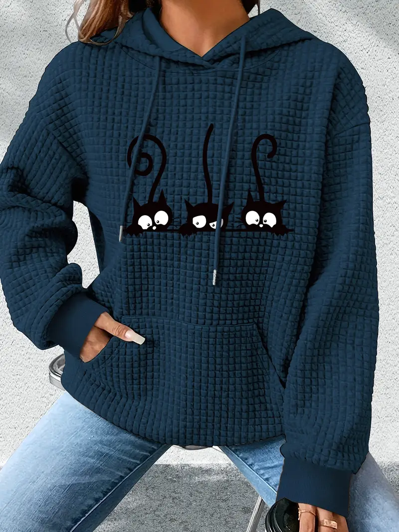 Karikatür Kedi Baskılı Kapşonlu Geniş Kesim Rahat Sonbahar ve İlkbahar İçin Uzun Kollu Üst Kadın Sweatshirt