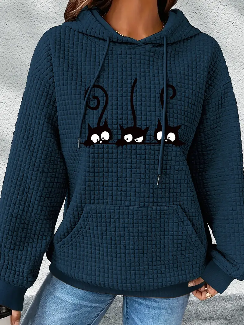 Karikatür Kedi Baskılı Kapşonlu Geniş Kesim Rahat Sonbahar ve İlkbahar İçin Uzun Kollu Üst Kadın Sweatshirt