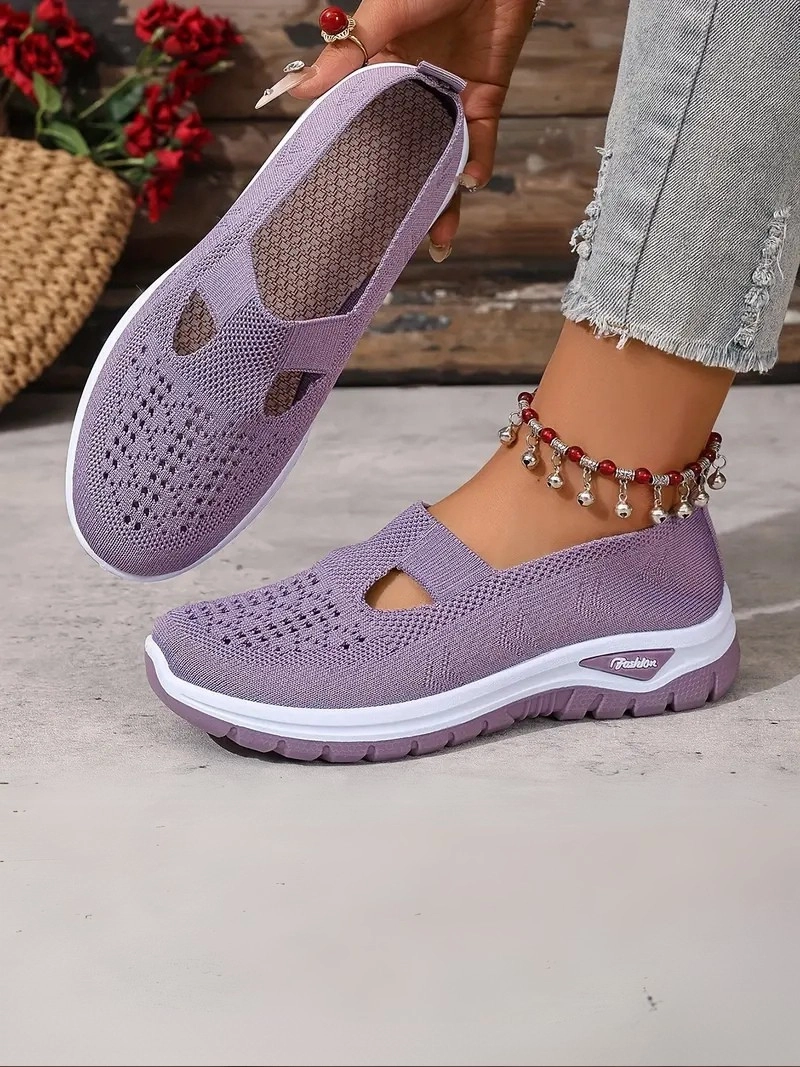 Örgü Desenli Topuksuz Düz Günlük Kullanım İçin Rahat ve Sade Mor Kadın Sneaker