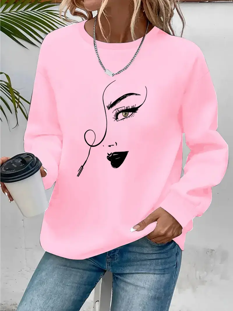 Yeni Çizgi Kadın Yüz Baskılı 100% Polyester Sıcak Astarlı Rahat Örgü Kumaş ile, Bahar ve Sonbahar Modası Kadın Sweatshirt