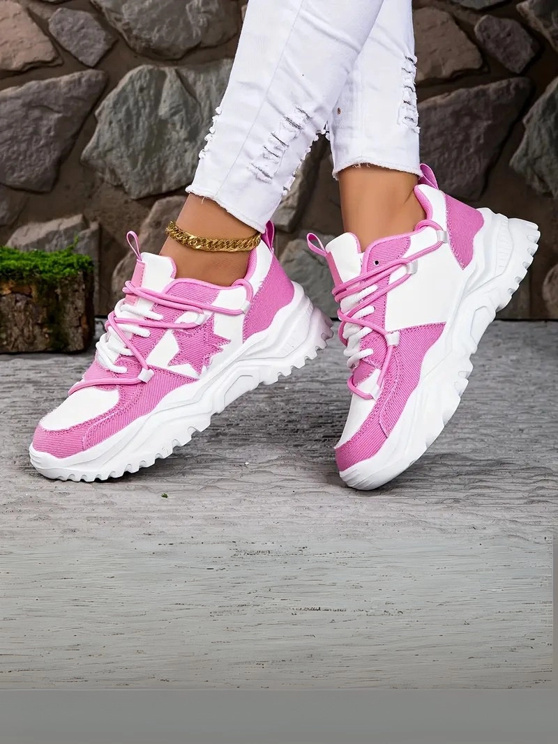 Retro Yıldız Desneli Bağcıklı Kaymaz Taban Hafif Her Mevsim Pembe Kadın Sneaker Ayakkabı
