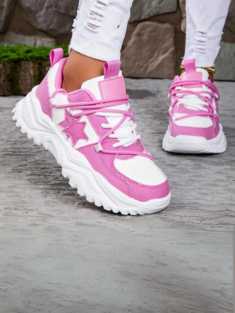 Retro Yıldız Desneli Bağcıklı Kaymaz Taban Hafif Her Mevsim Pembe Kadın Sneaker Ayakkabı