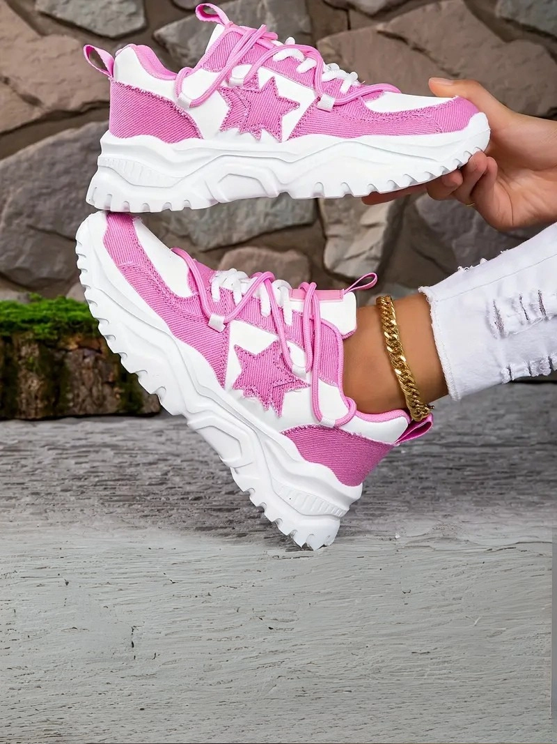 Retro Yıldız Desneli Bağcıklı Kaymaz Taban Hafif Her Mevsim Pembe Kadın Sneaker Ayakkabı