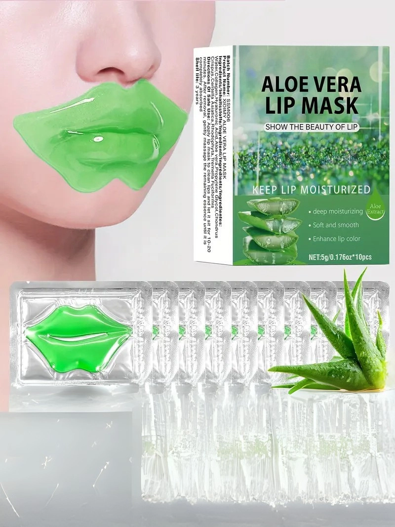 10 Adet Aloe & Kollajen Dudak Maskesi 30 Dakikalık Derin Nemlendirme Dolgunlaştırma ve Yumuşatma, Aloe Esansı Dudak Maskesi