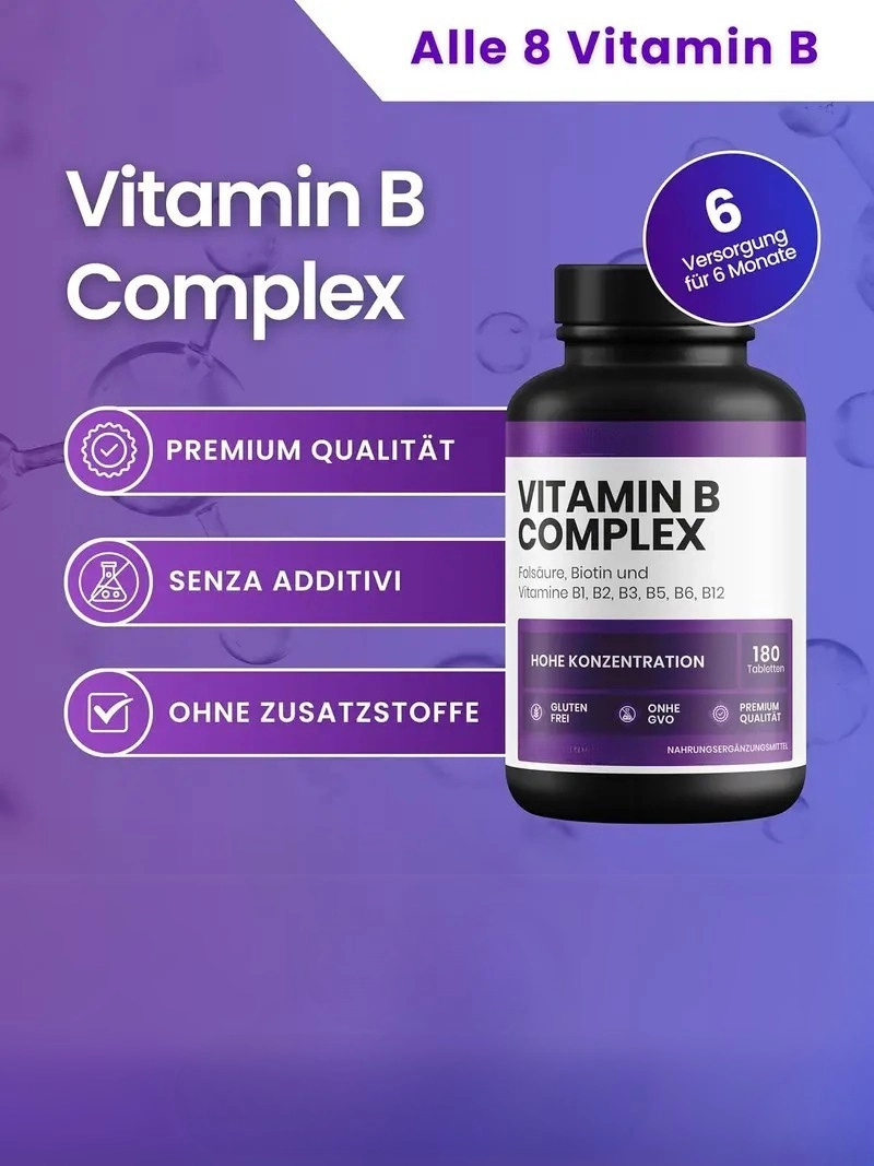 Yüksek Dozda B Vitamini Kompleksi Günde 1 , 180 B Grubu Biotin, Tiamin B1, Riboflavin B2, Niasin, Pantotenik Asit, B6, Folik Asit B12