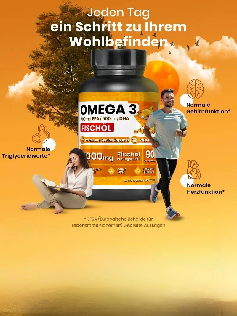 2000mg Omega-3 Balık Yağı Yüksek Potansiyelli E Vitamini ile Tadımsız – 700mg EPA & 500mg DHA İçeren Saf Omega-3 Takviyesi, Kalp, Beyin ve Görme Sağlığı İçin