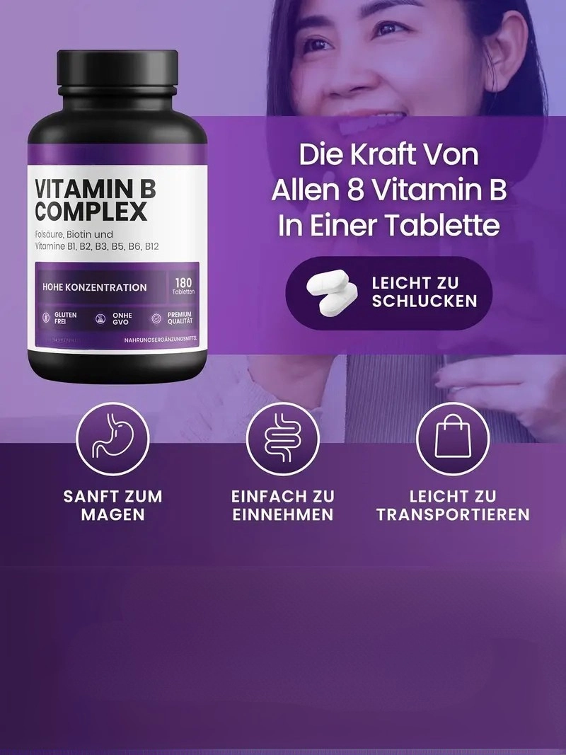Yüksek Dozda B Vitamini Kompleksi Günde 1 , 180 B Grubu Biotin, Tiamin B1, Riboflavin B2, Niasin, Pantotenik Asit, B6, Folik Asit B12