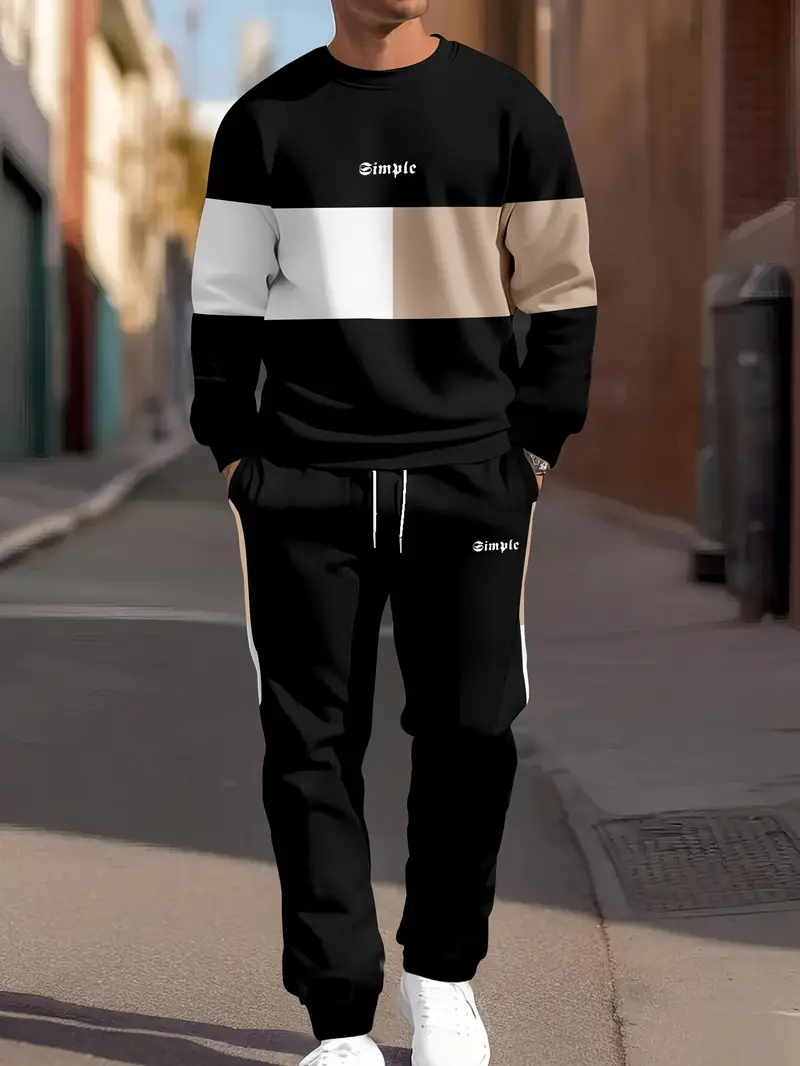 Günlük Bisiklet Yaka Sweatshirt & Jogger Takımı Renk Bloklu, Polyester Karışımı, Makinede Yıkanabilir - İlkbahar/Sonbahar için Mükemmel