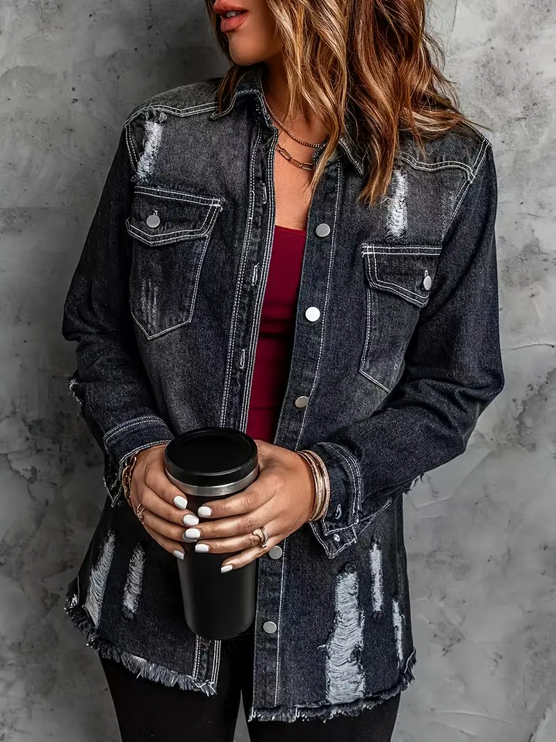 Klasik Şehirli Tarzda Yırtmaçlı Siyah Kadın Uzun Jean Ceket