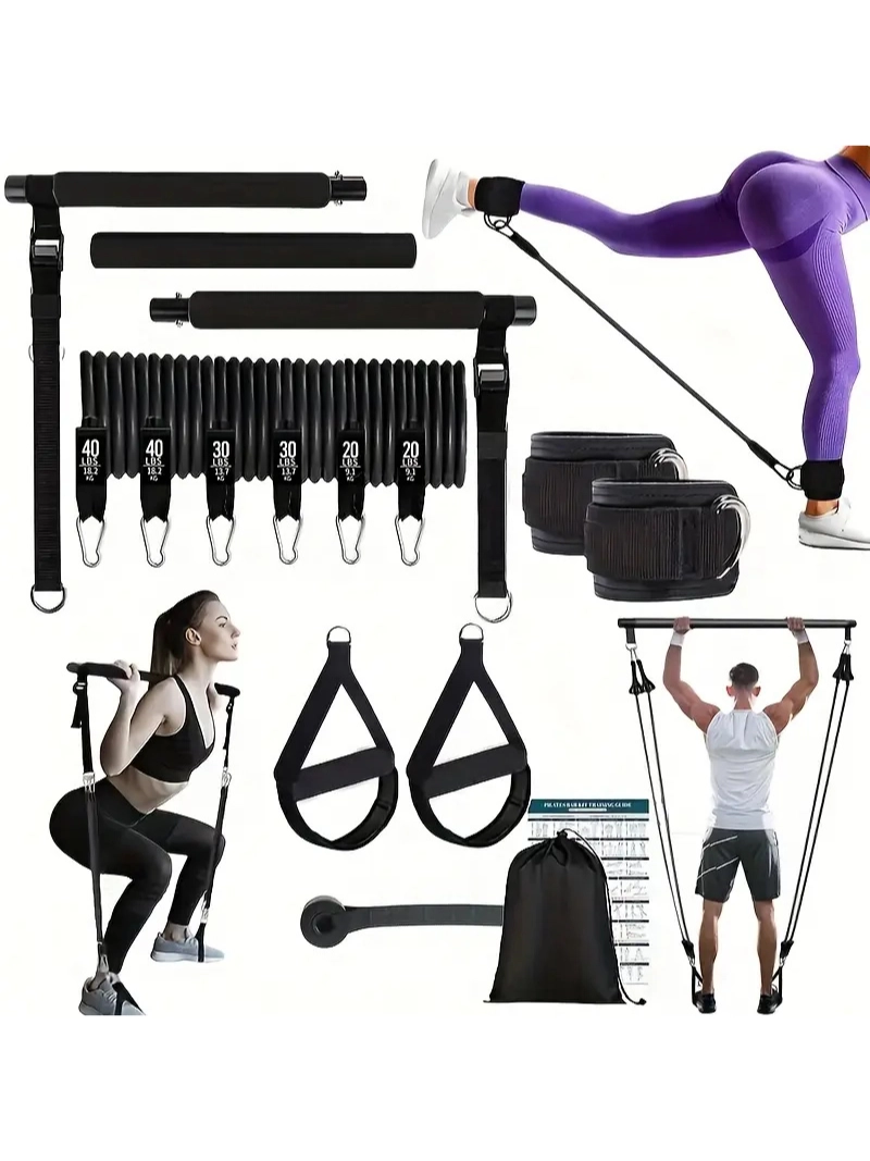 14 adet Dirençli Gerilim Kemeri ile Pilates Çubuğu Çok Fonksiyonlu Fitness Pedalı Çekici, Yoga için Antrenman Ekipmanı