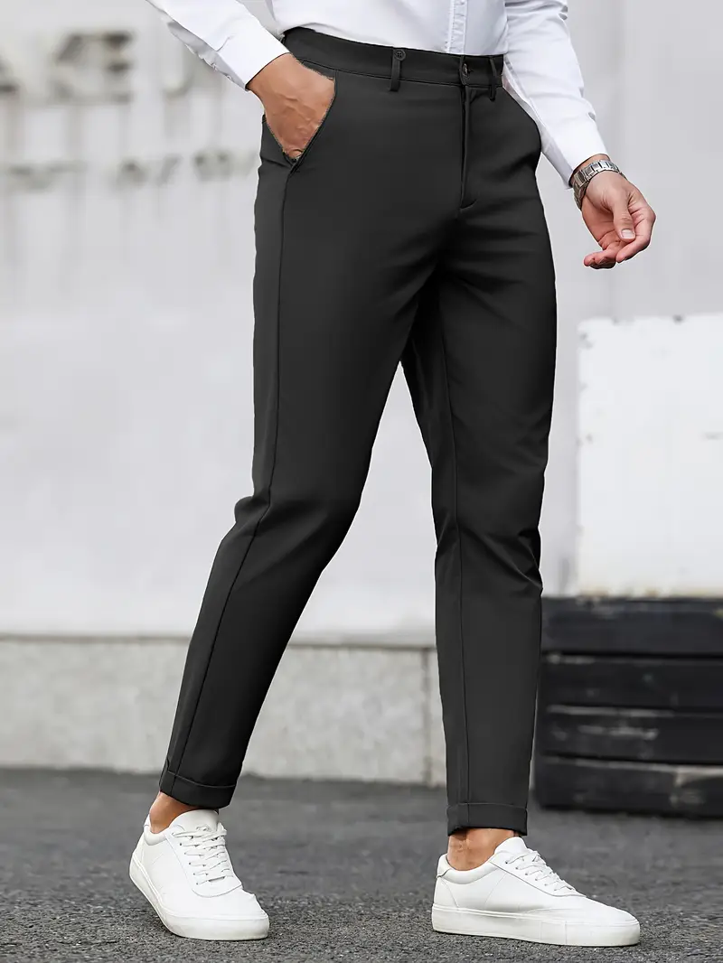 Dar Kesim Günlük Pantolon, Eğik Cepli, Kırışmaz Kumaş Düz Renk Her Mevsime Uygun, Minimalist Erkek Pantolon