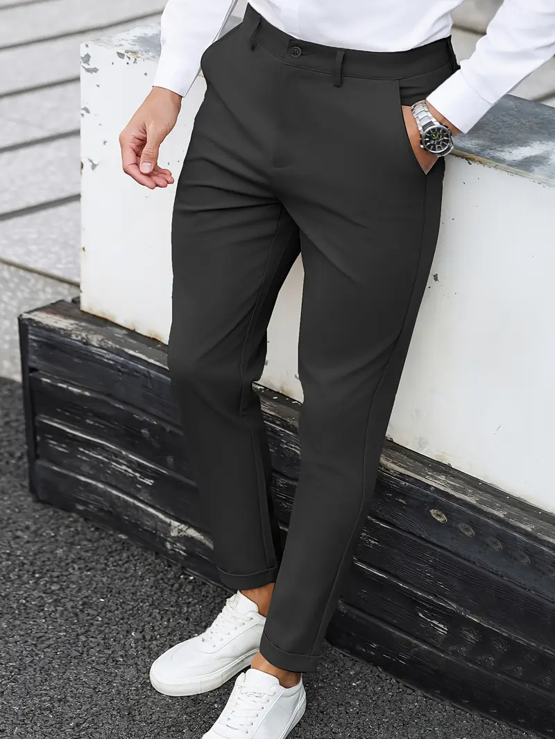 Dar Kesim Günlük Pantolon, Eğik Cepli, Kırışmaz Kumaş Düz Renk Her Mevsime Uygun, Minimalist Erkek Pantolon