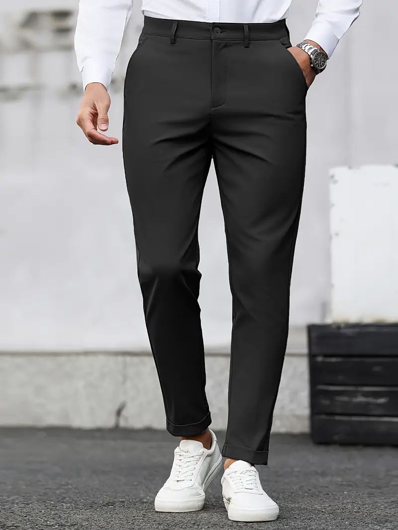 Dar Kesim Günlük Pantolon, Eğik Cepli, Kırışmaz Kumaş Düz Renk Her Mevsime Uygun, Minimalist Erkek Pantolon