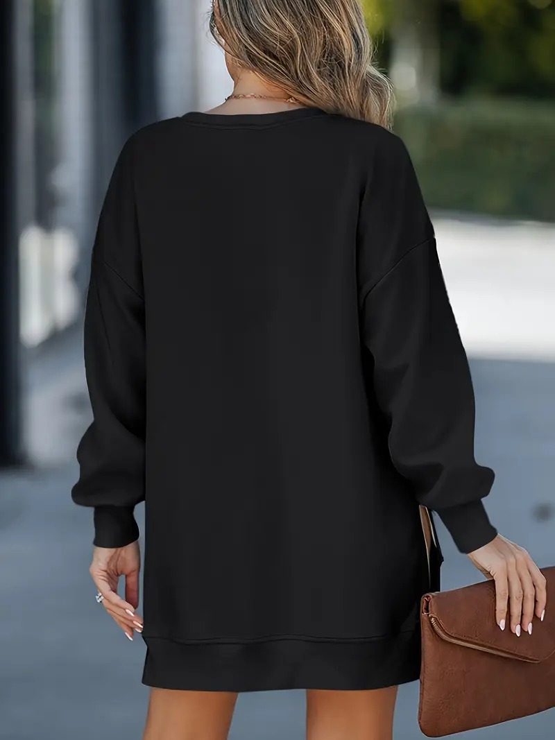 Rahat Yuvarlak Yaka Yarım Etek Elastanlı Polyester Örgü Kumaş Düz Renk, Uzun Kollu Kadın Sweatshirt