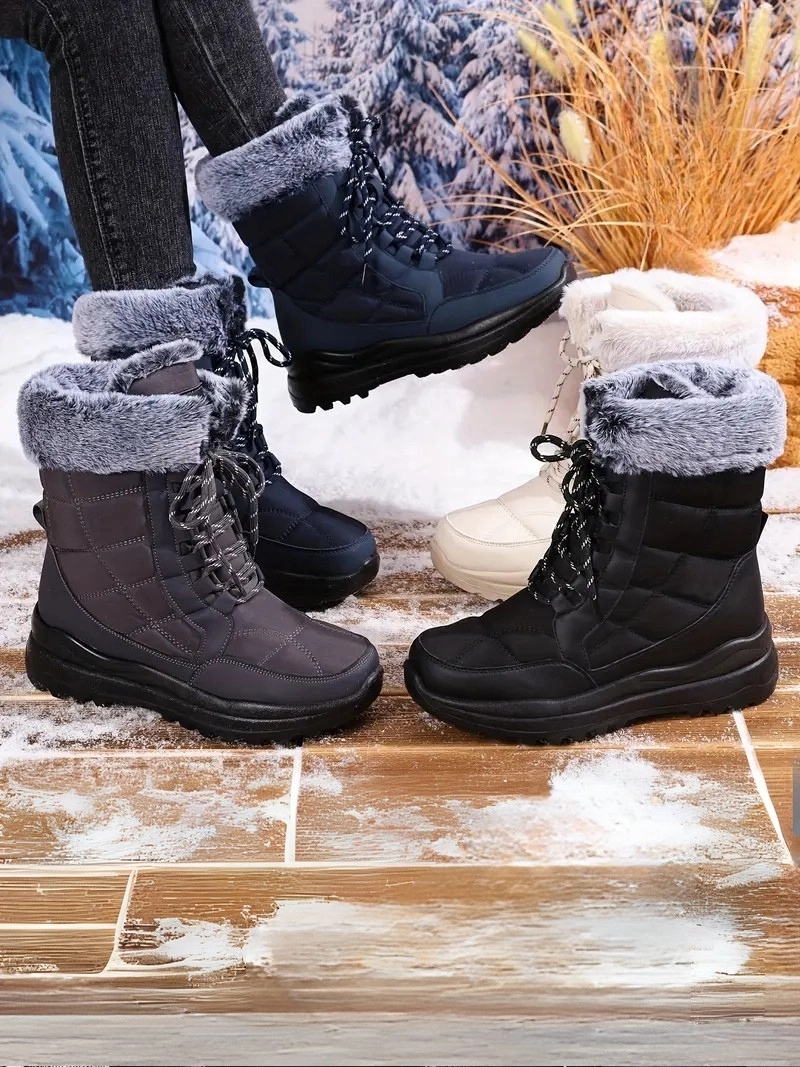 Peluş Polar Astar Yüksek Taban Soğuk Havada Etkili Siyah Kadın Kar Botu