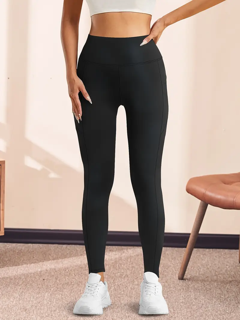 Yüksek Bel Yoga Taytı Cepli Rahat, Esnek Polyester-Elastan Karışımı Fitness, Koşu & Günlük Kullanım için Mükemmel, Makinede Yıkanabilir