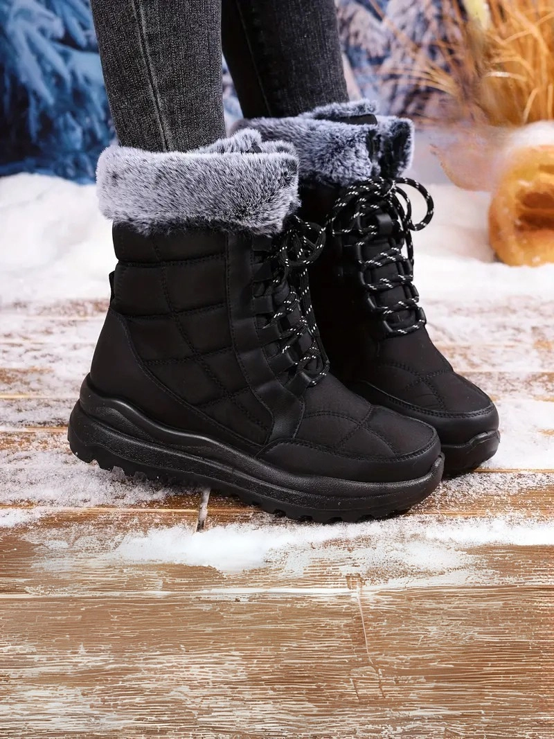 Peluş Polar Astar Yüksek Taban Soğuk Havada Etkili Siyah Kadın Kar Botu
