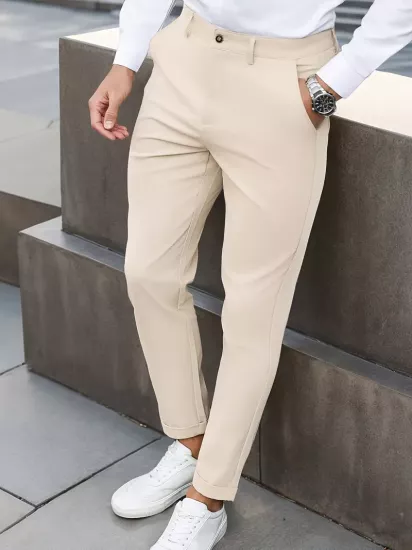 Dar Kesim Günlük Pantolon, Eğik Cepli, Kırışmaz Kumaş Düz Renk Her Mevsime Uygun, Minimalist Erkek Pantolon