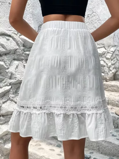 Bol Kesim Kıvrımlı Beyaz Kadın Kumaş Etek