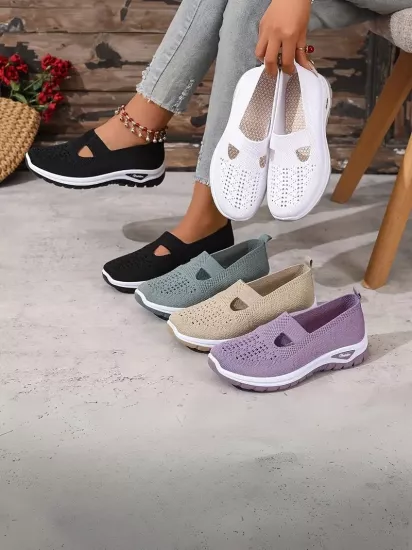 Örgü Desenli Topuksuz Düz Günlük Kullanım İçin Rahat ve Sade Yeşil Kadın Sneaker