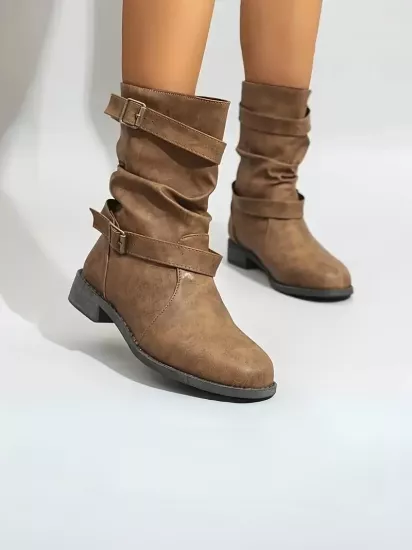 Çift Kemerli Hakiki Deri Şık Kahverengi Kadın Bot