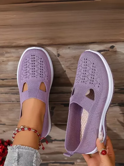 Örgü Desenli Topuksuz Düz Günlük Kullanım İçin Rahat ve Sade Mor Kadın Sneaker