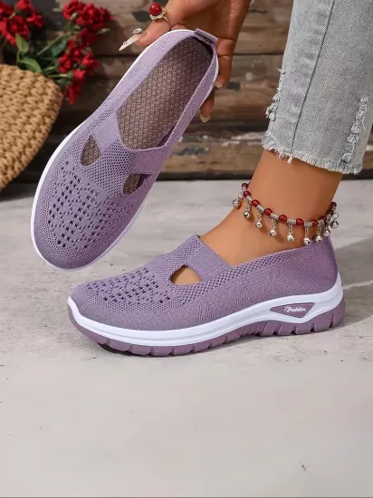 Örgü Desenli Topuksuz Düz Günlük Kullanım İçin Rahat ve Sade Mor Kadın Sneaker