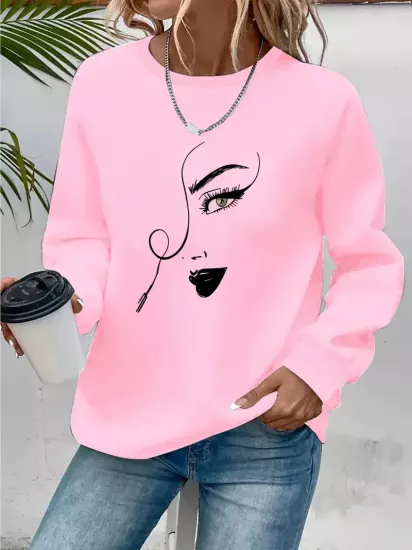 Yeni Çizgi Kadın Yüz Baskılı 100% Polyester Sıcak Astarlı Rahat Örgü Kumaş ile, Bahar ve Sonbahar Modası Kadın Sweatshirt