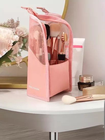 Geniş Kapasiteli Çok Bölmeli ve File Cebi Olan Dayanıklı Polyester Mevsimlik Tasarım Şık Makyaj Çantası