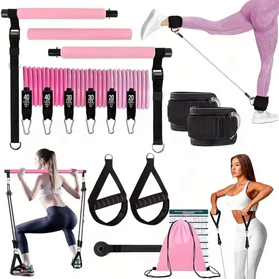 14 adet Dirençli Gerilim Kemeri ile Pilates Çubuğu Çok Fonksiyonlu Fitness Pedalı Çekici, Yoga için Antrenman Ekipmanı